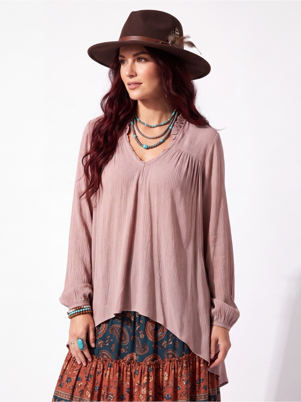 Desert Blush Peasant Blouse Long Sleeve Ruffle V Neck Crinkle Hilo Hem M NWT